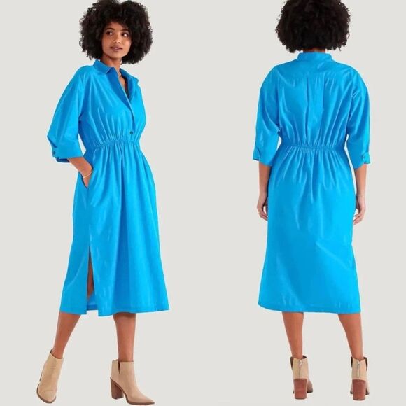 Etica Dresses & Skirts - Etica 100% Organic Cotton Poplin Tina Midi Shirt Dress Blue Small